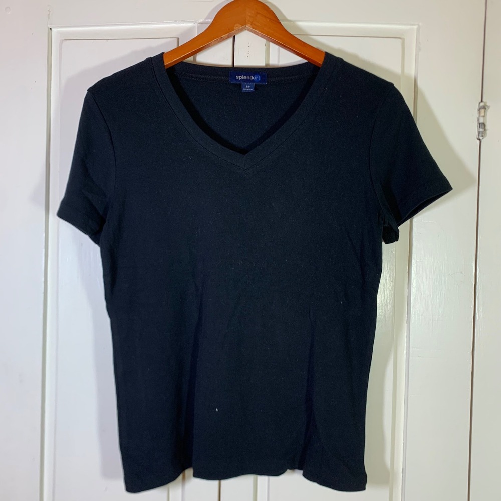 Splendor! Womens Black 100% Cotton V-Neck Short Sleeve T-Shirt Style 9081 Size S